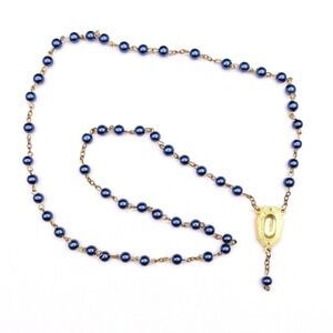 Vintage Blue Pearl Bead Rosary Necklace w/ Gold Tone Miraculous Medal Catholic